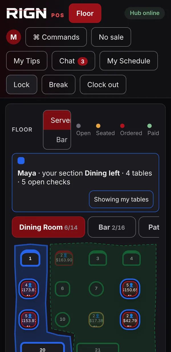 RIGN POS on a phone: the floor plan with a server's section and open tables