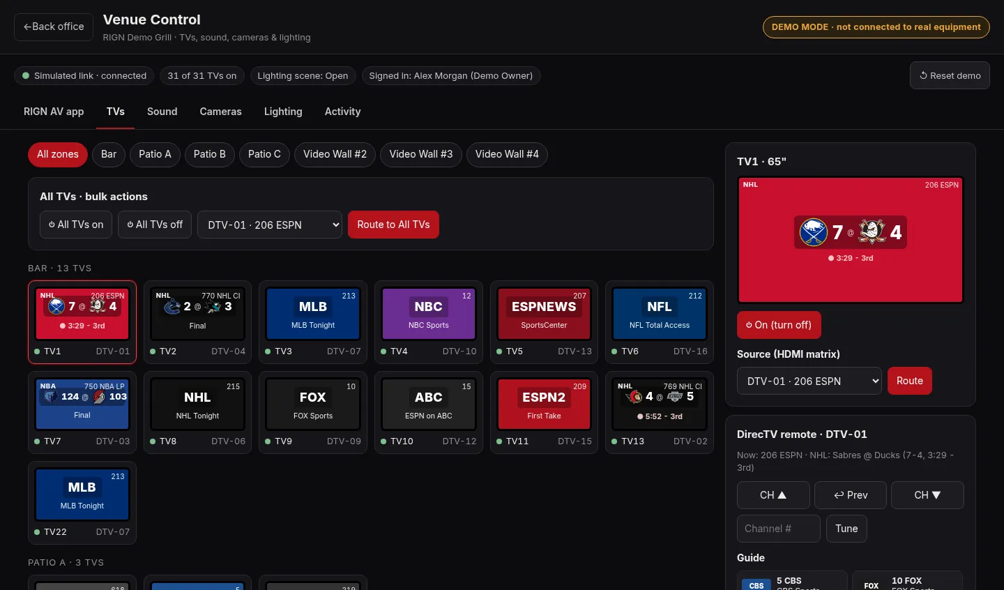 RIGN Venue Control: every TV in the bar with the live game, team logos and scores, plus source routing and a TV remote